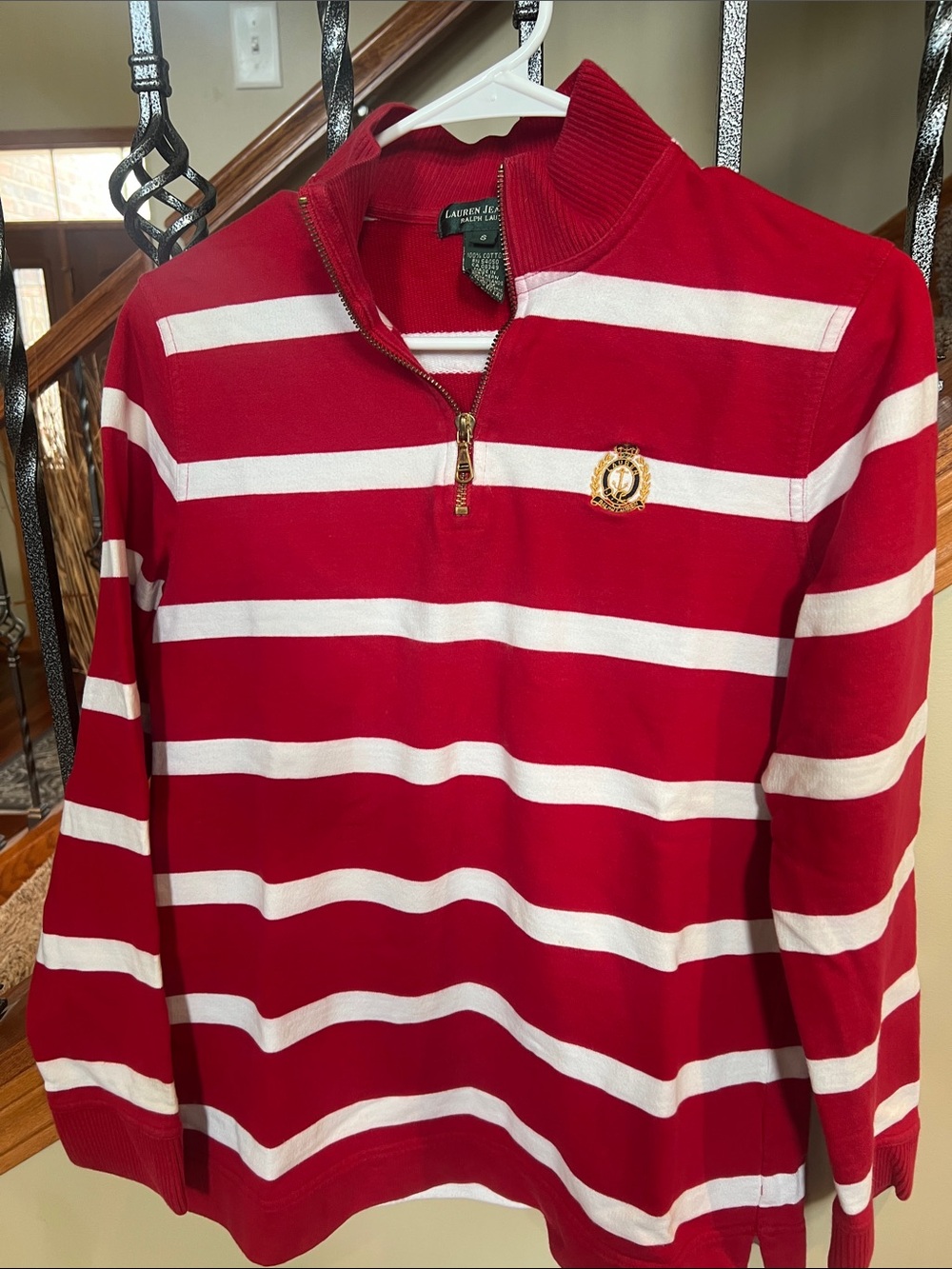 Lauren Ralph Lauren Red and White Striped Quarter-Zip Pullover